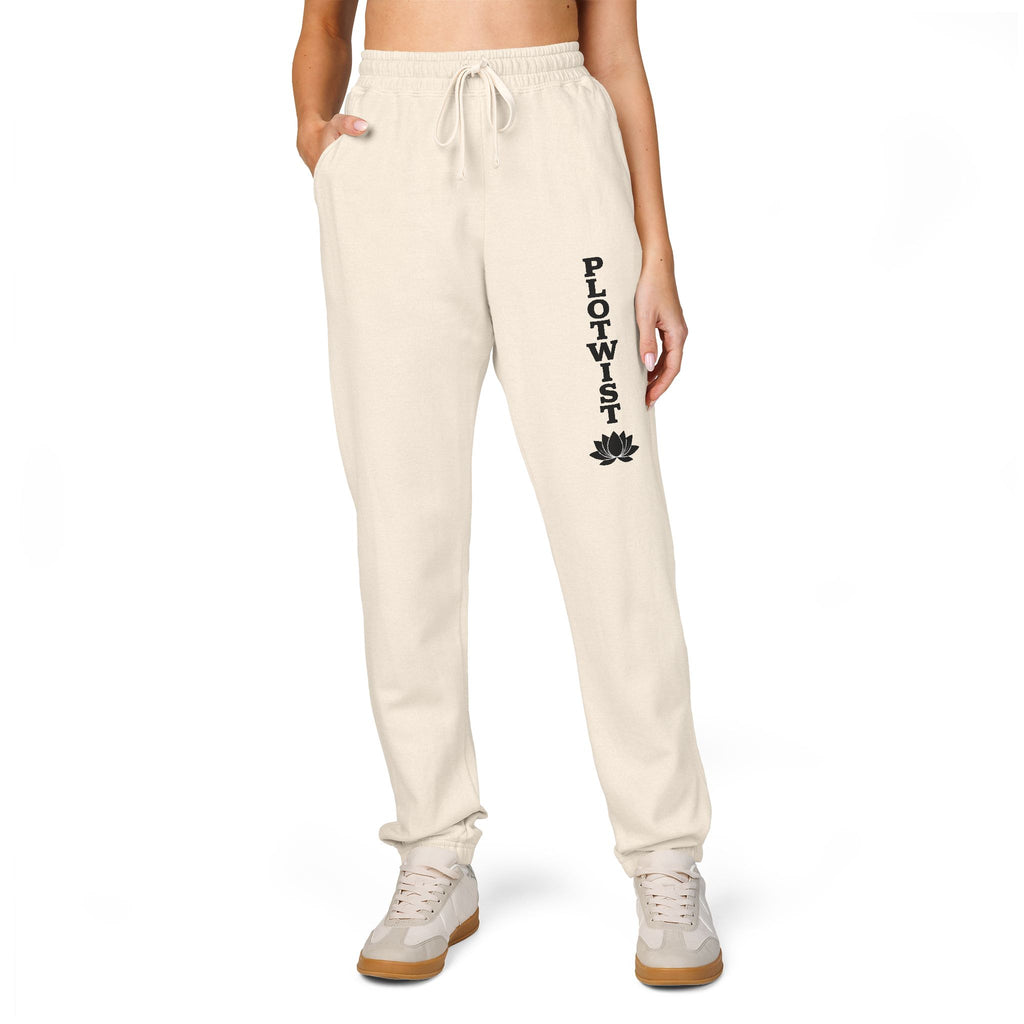 PLOTWIST Fleece Sweatpants — Garment-Dyed Cream Joggers with Vertical Floral Script