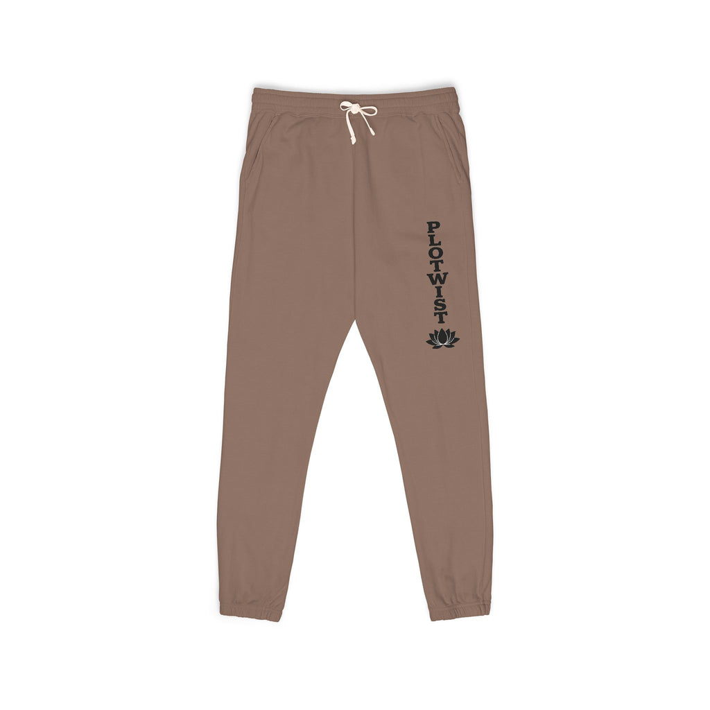 PLOTWIST Fleece Sweatpants — Garment-Dyed Cream Joggers with Vertical Floral Script