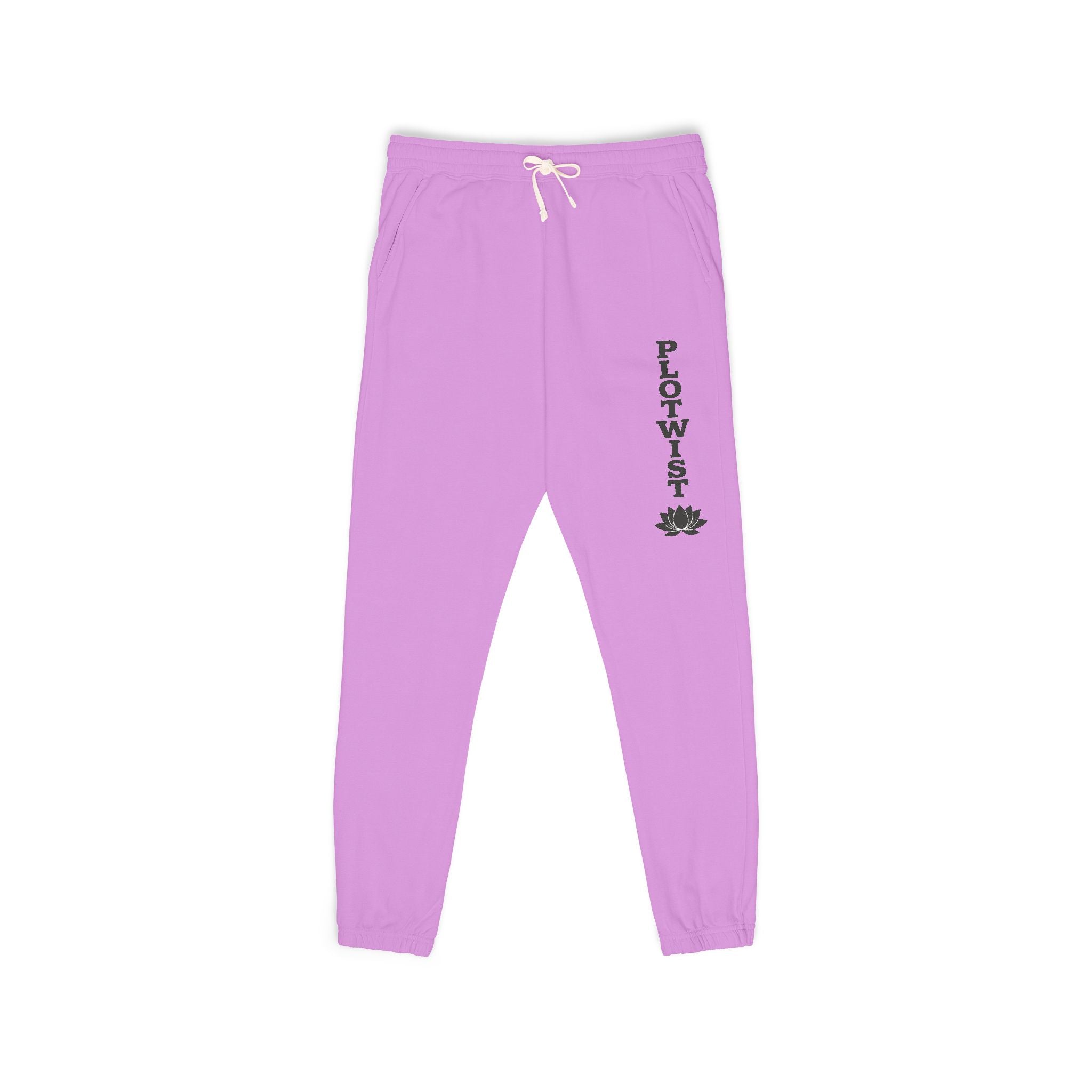PLOTWIST Fleece Sweatpants — Garment-Dyed Cream Joggers with Vertical Floral Script
