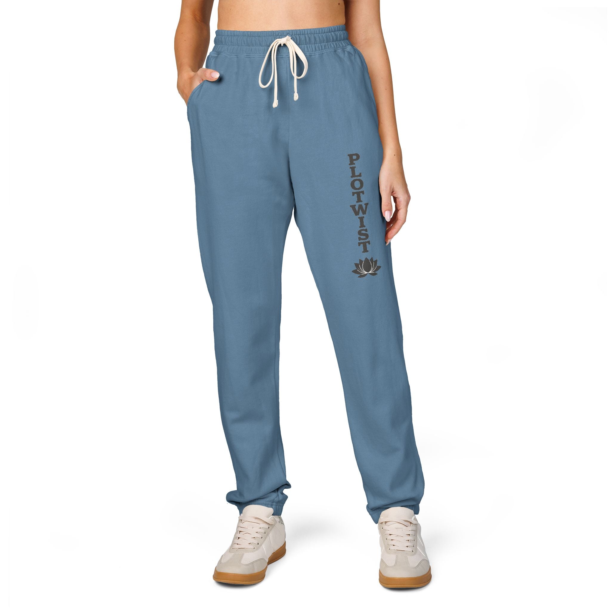 PLOTWIST Fleece Sweatpants — Garment-Dyed Cream Joggers with Vertical Floral Script