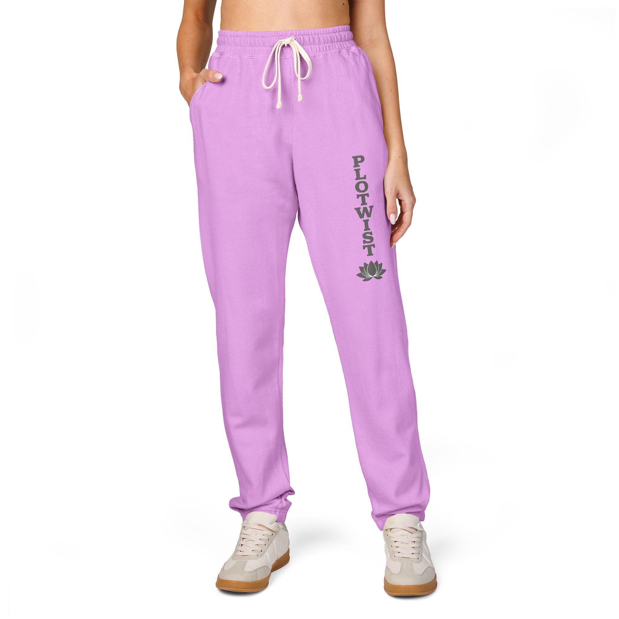 PLOTWIST Fleece Sweatpants — Garment-Dyed Cream Joggers with Vertical Floral Script