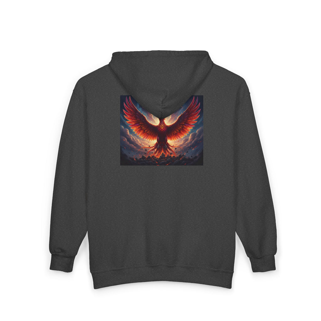 Phoenix Fire Full-Zip Hoodie — Mythic Rising Graphic Zip-Up Sweatshirt