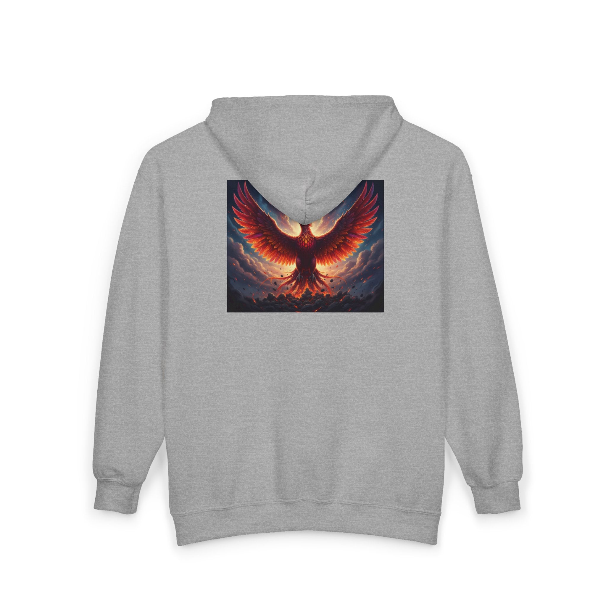 Phoenix Fire Full-Zip Hoodie — Mythic Rising Graphic Zip-Up Sweatshirt