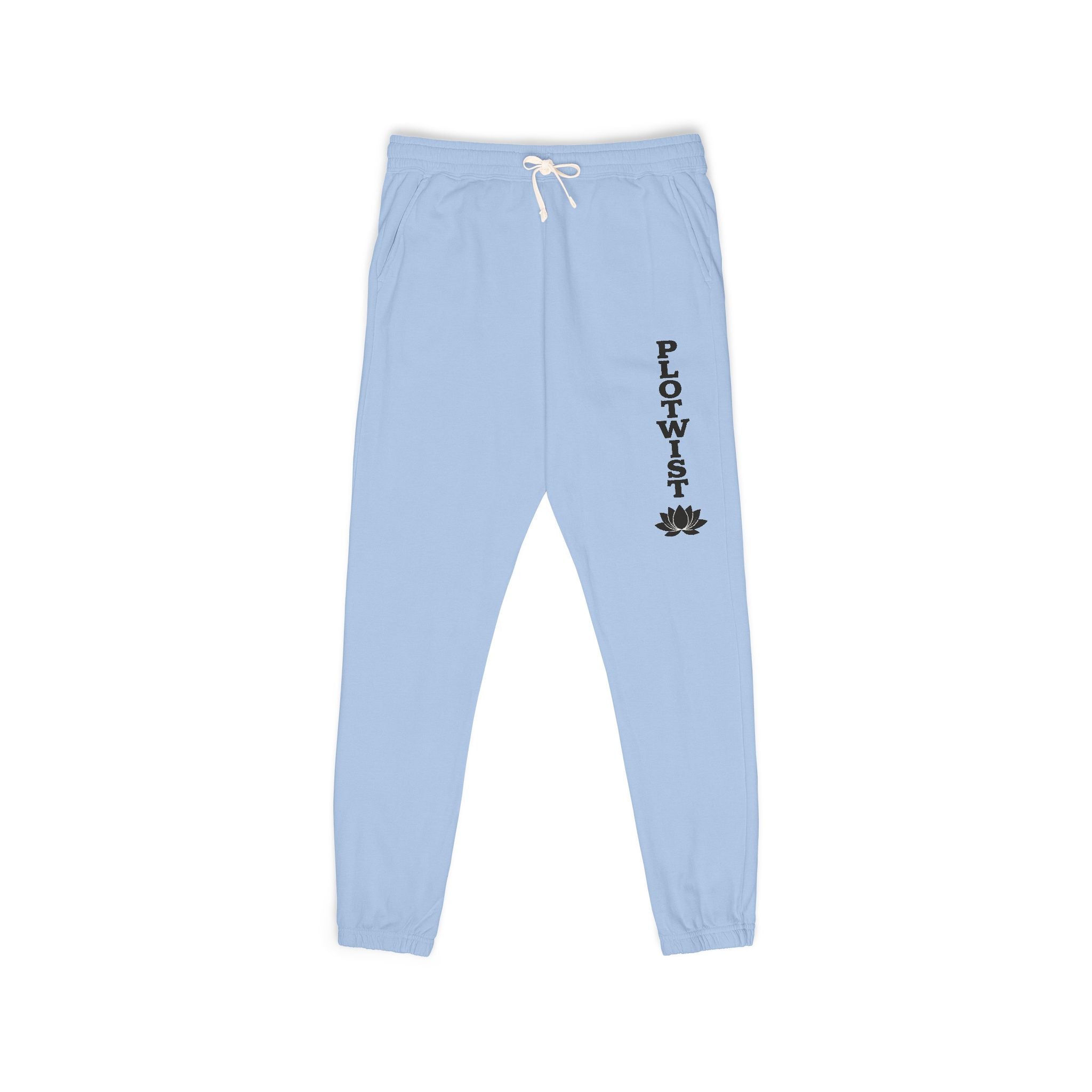 PLOTWIST Fleece Sweatpants — Garment-Dyed Cream Joggers with Vertical Floral Script