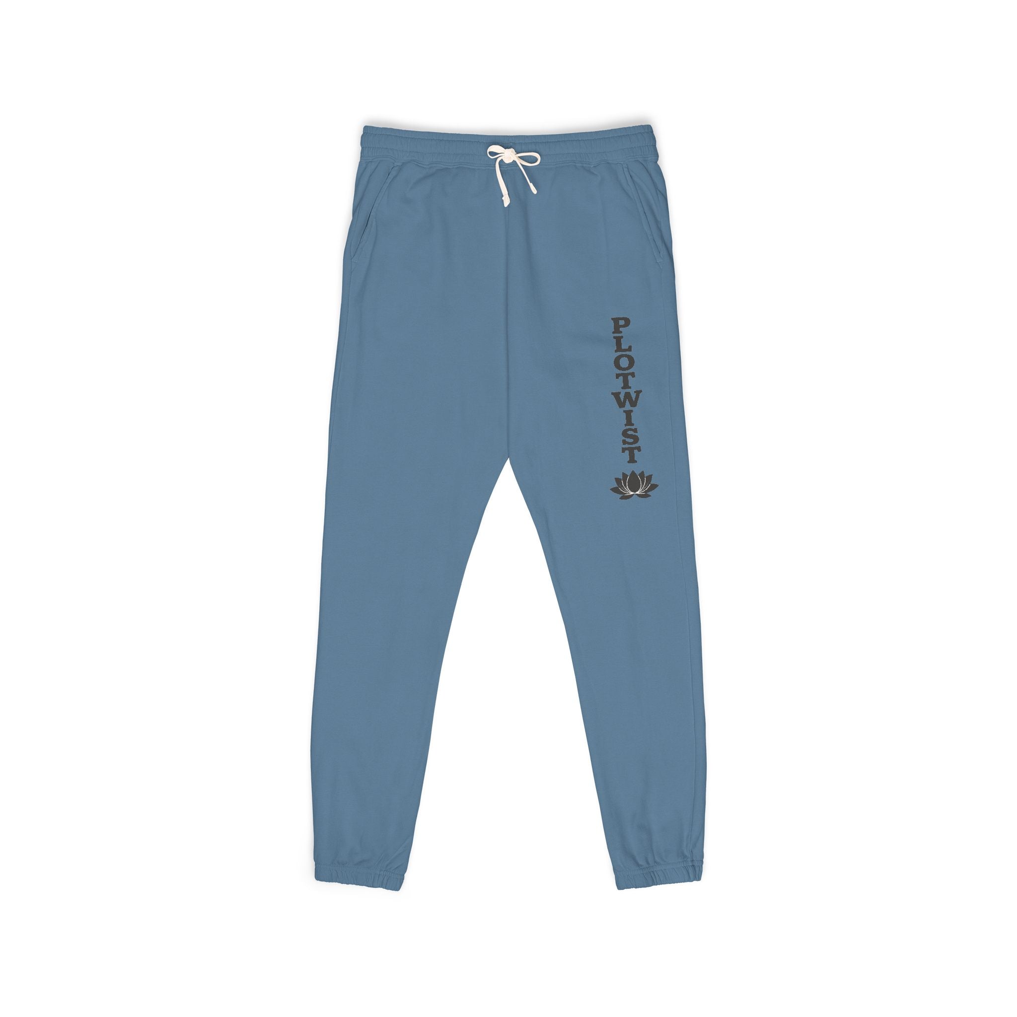 PLOTWIST Fleece Sweatpants — Garment-Dyed Cream Joggers with Vertical Floral Script