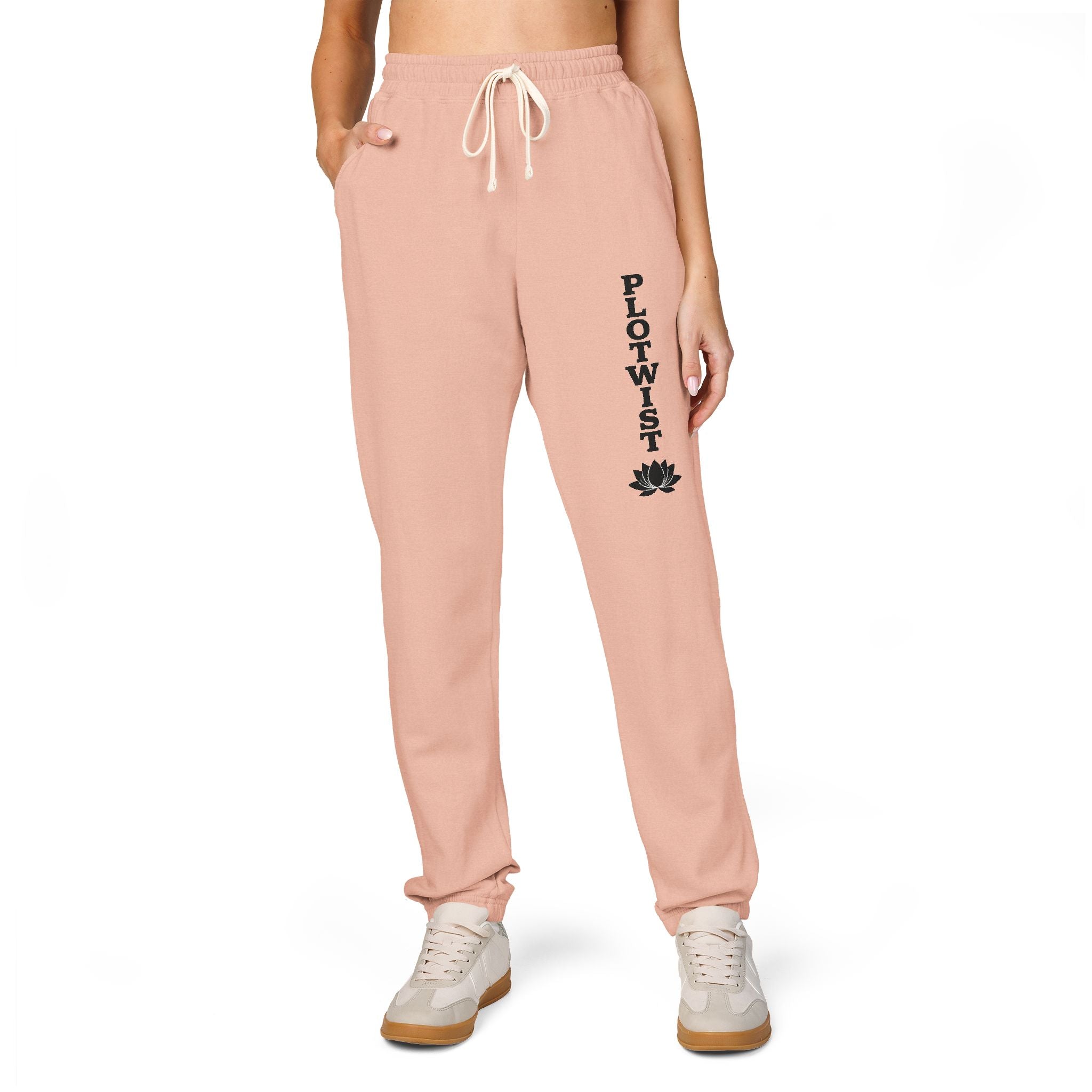 PLOTWIST Fleece Sweatpants — Garment-Dyed Cream Joggers with Vertical Floral Script
