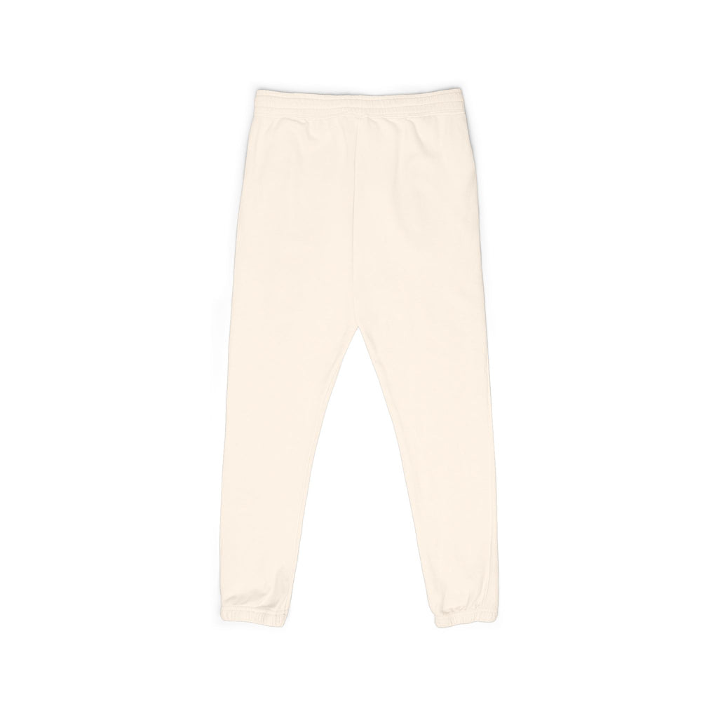 PLOTWIST Fleece Sweatpants — Garment-Dyed Cream Joggers with Vertical Floral Script