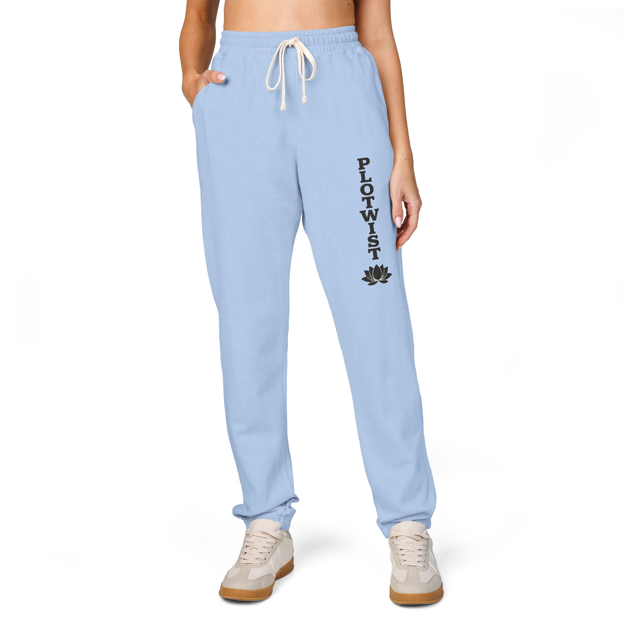 PLOTWIST Fleece Sweatpants — Garment-Dyed Cream Joggers with Vertical Floral Script