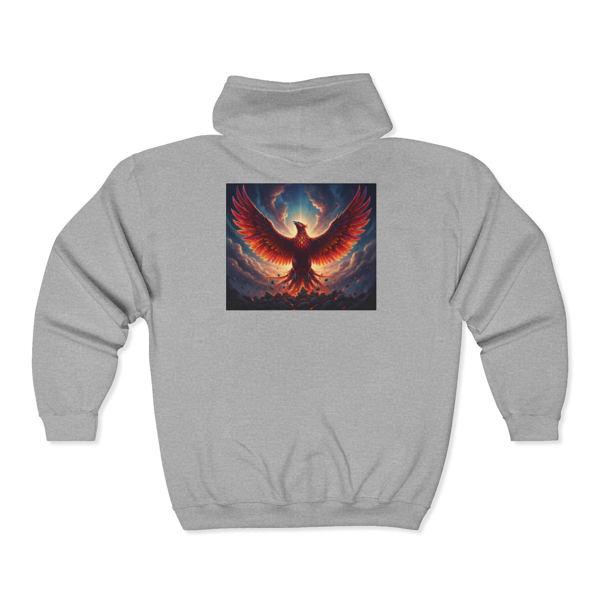 Phoenix Fire Full-Zip Hoodie — Mythic Rising Graphic Zip-Up Sweatshirt