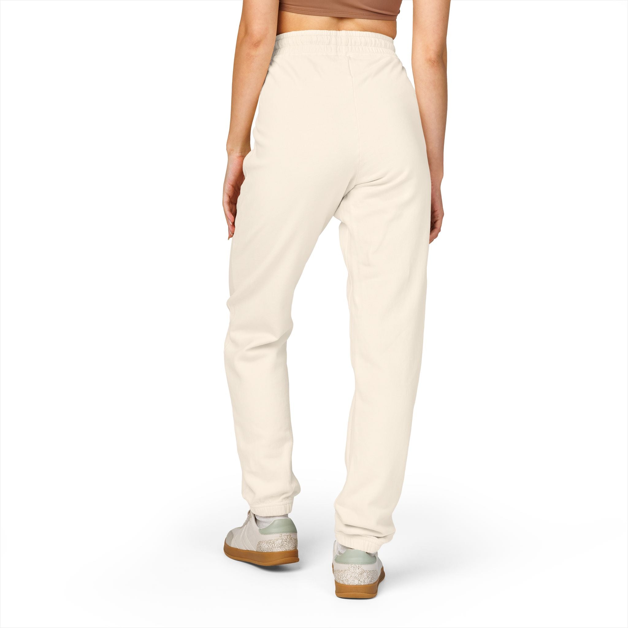 PLOTWIST Fleece Sweatpants — Garment-Dyed Cream Joggers with Vertical Floral Script