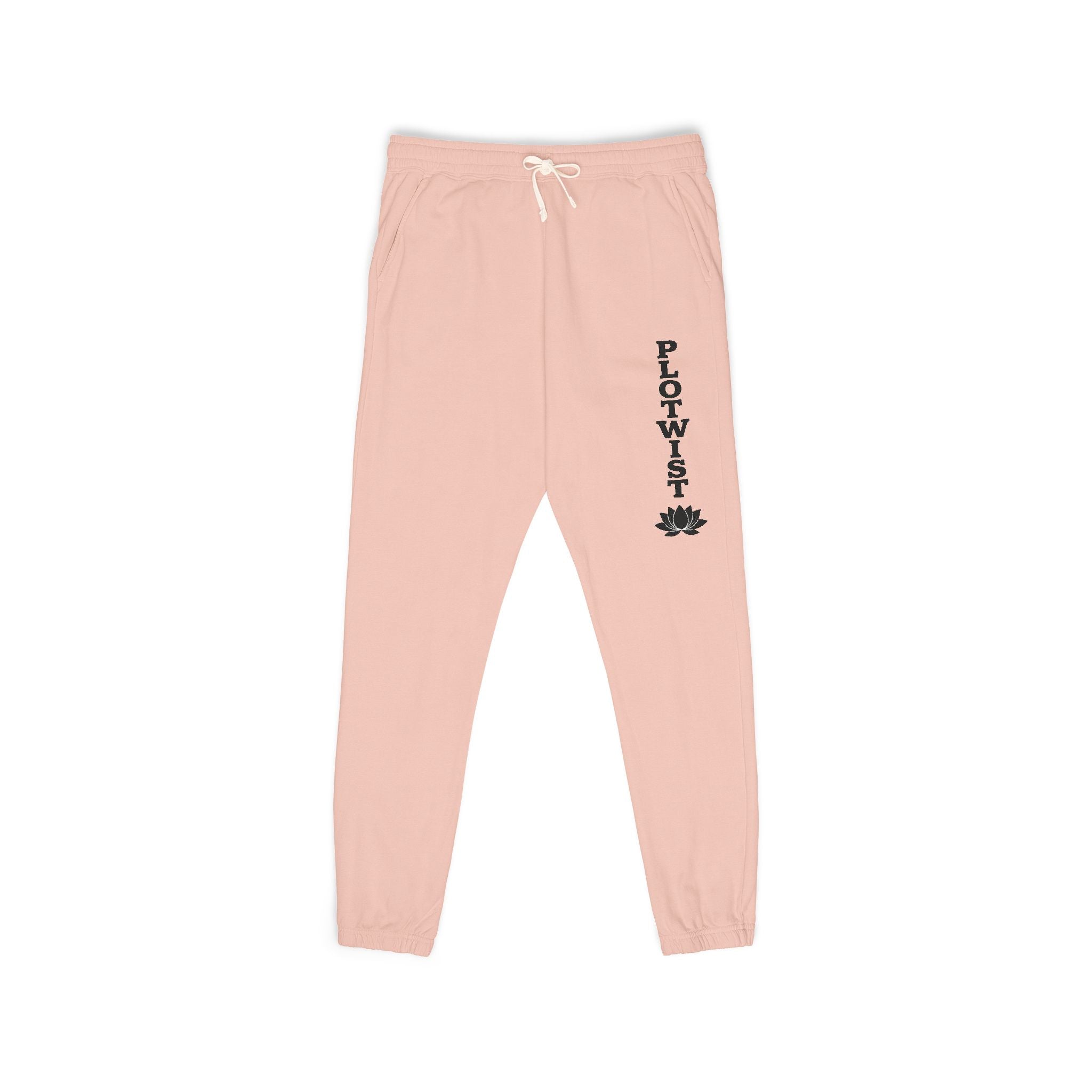 PLOTWIST Fleece Sweatpants — Garment-Dyed Cream Joggers with Vertical Floral Script