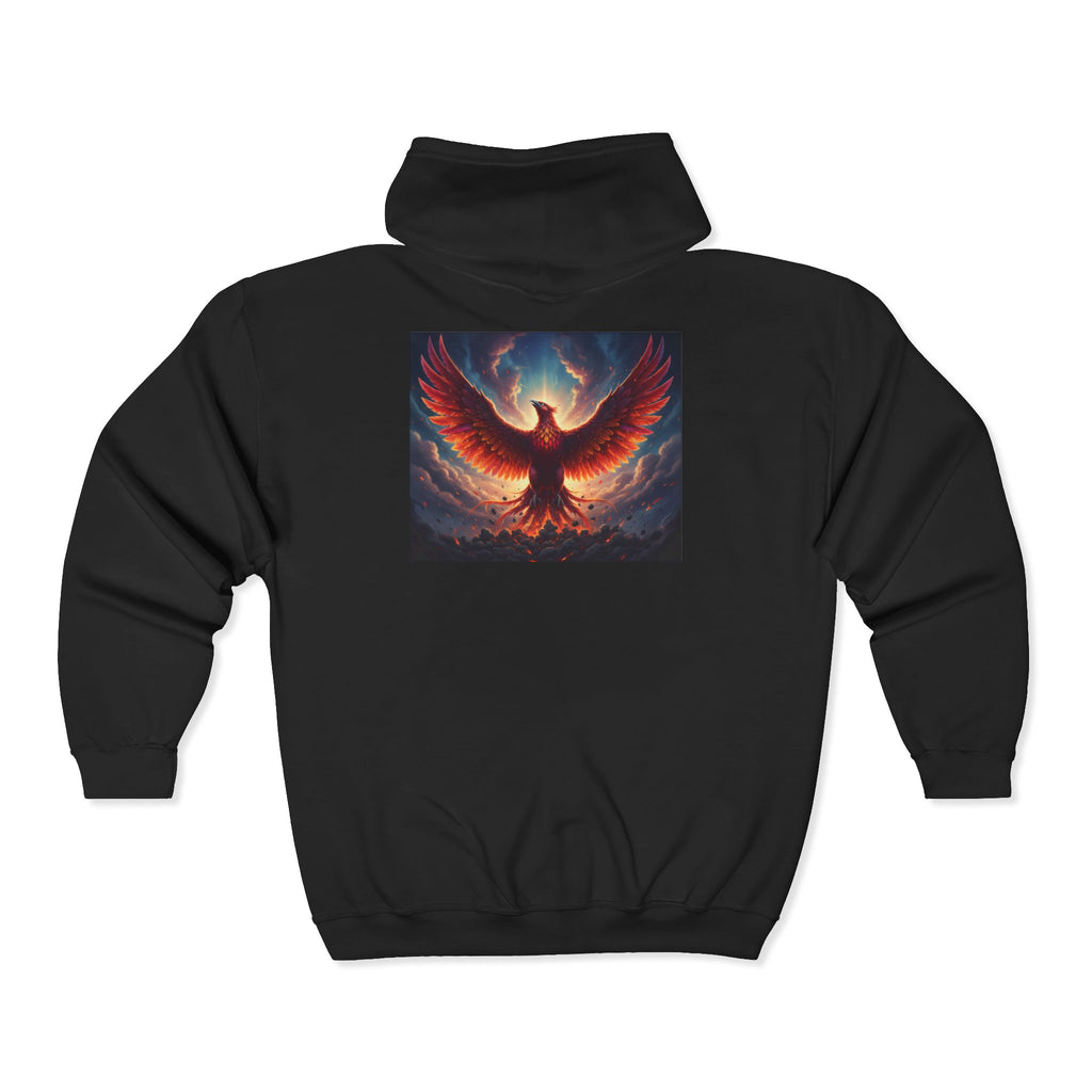 Phoenix Fire Full-Zip Hoodie — Mythic Rising Graphic Zip-Up Sweatshirt