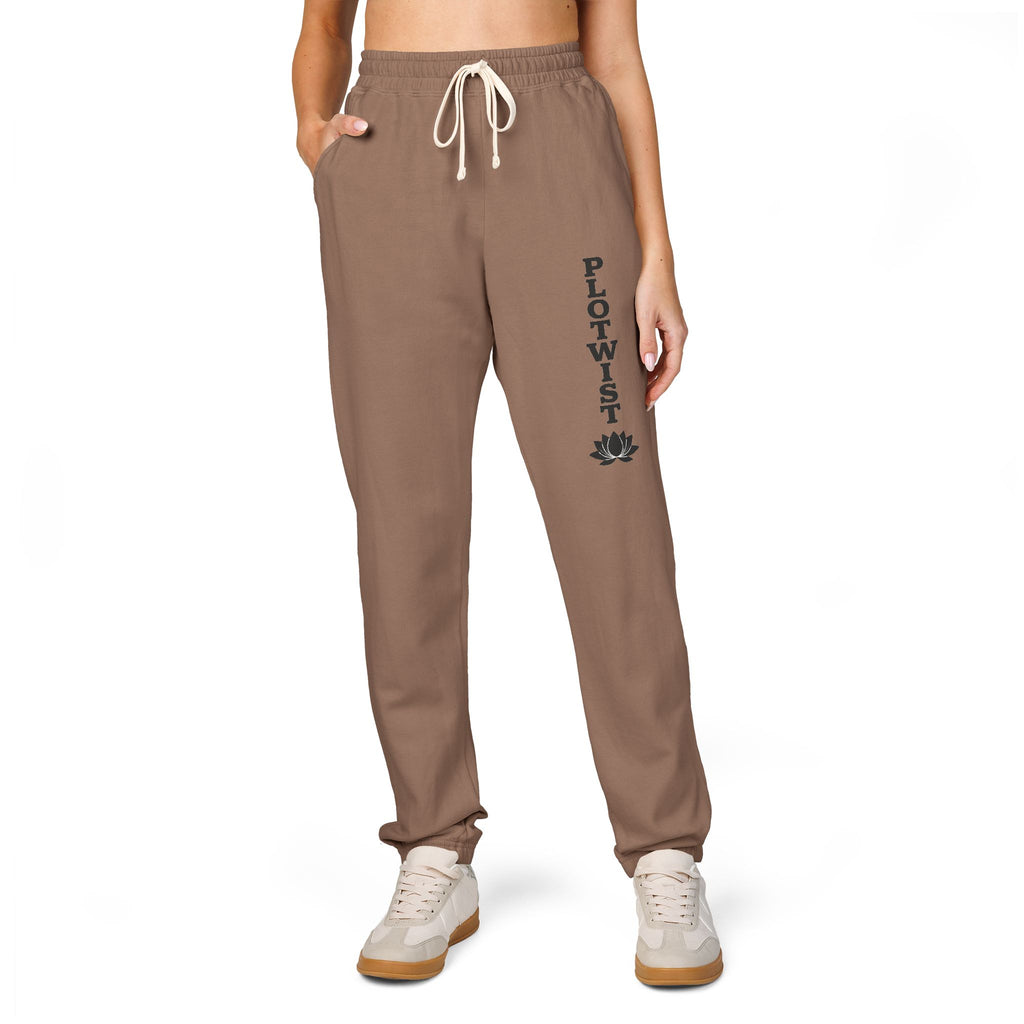 PLOTWIST Fleece Sweatpants — Garment-Dyed Cream Joggers with Vertical Floral Script